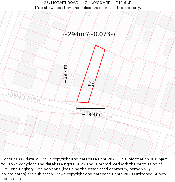 26, HOBART ROAD, HIGH WYCOMBE, HP13 6UE: Plot and title map