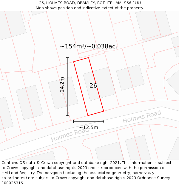 26, HOLMES ROAD, BRAMLEY, ROTHERHAM, S66 1UU: Plot and title map
