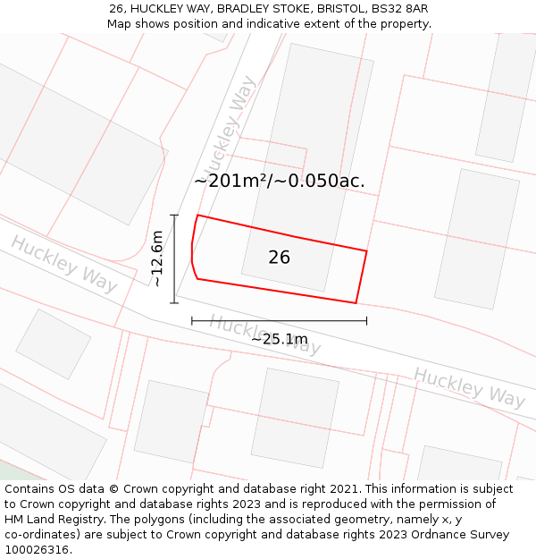 26, HUCKLEY WAY, BRADLEY STOKE, BRISTOL, BS32 8AR: Plot and title map