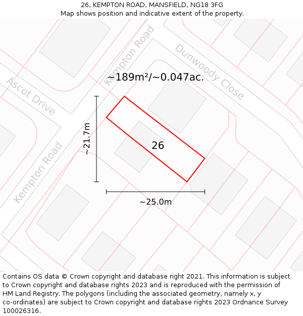 26, KEMPTON ROAD, MANSFIELD, NG18 3FG: Plot and title map