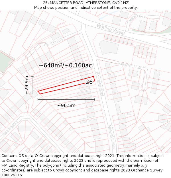 26, MANCETTER ROAD, ATHERSTONE, CV9 1NZ: Plot and title map