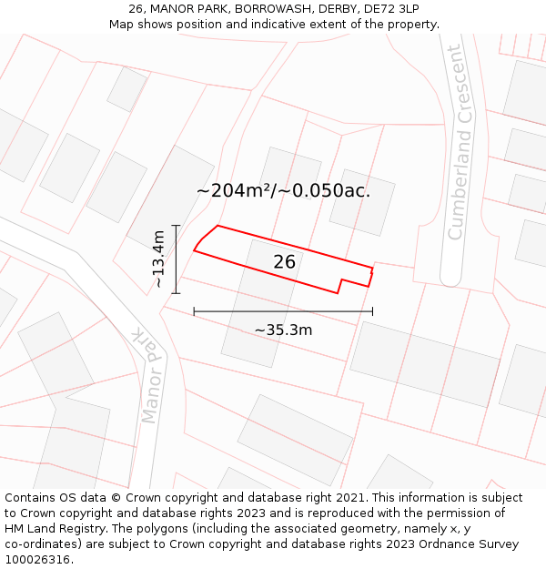 26, MANOR PARK, BORROWASH, DERBY, DE72 3LP: Plot and title map