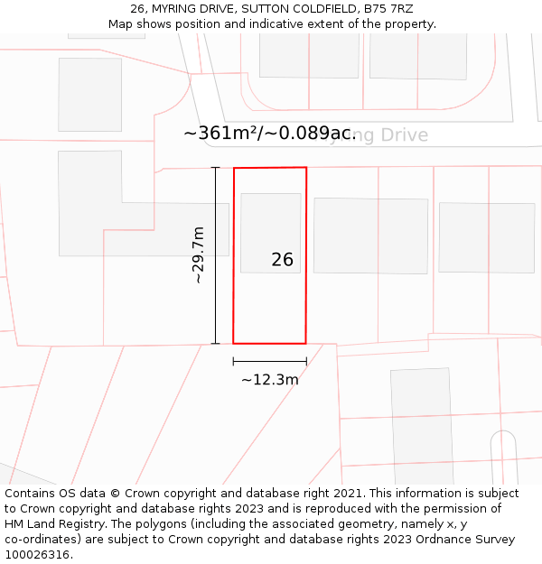 26, MYRING DRIVE, SUTTON COLDFIELD, B75 7RZ: Plot and title map