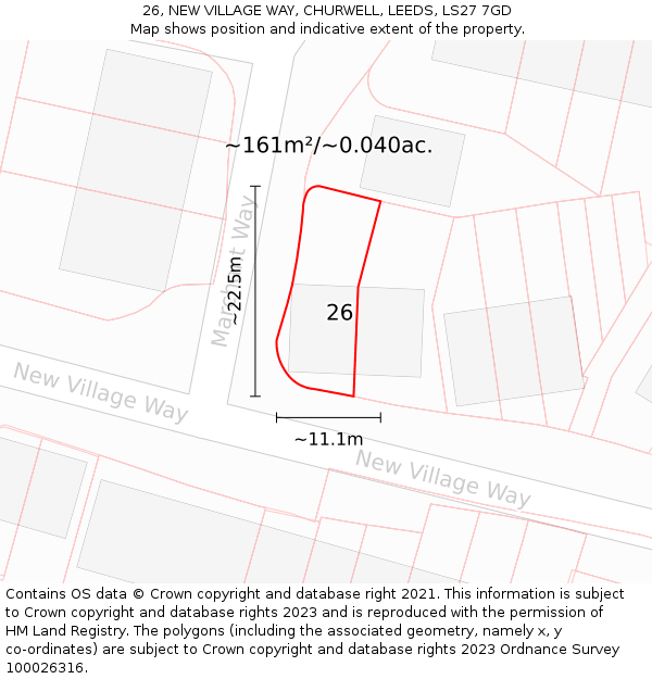 26, NEW VILLAGE WAY, CHURWELL, LEEDS, LS27 7GD: Plot and title map