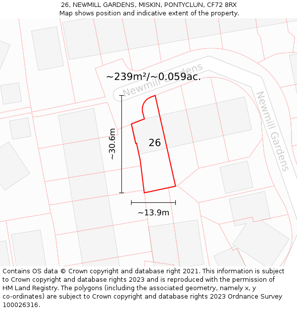 26, NEWMILL GARDENS, MISKIN, PONTYCLUN, CF72 8RX: Plot and title map