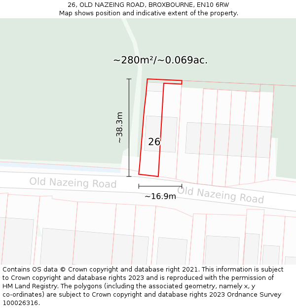 26, OLD NAZEING ROAD, BROXBOURNE, EN10 6RW: Plot and title map