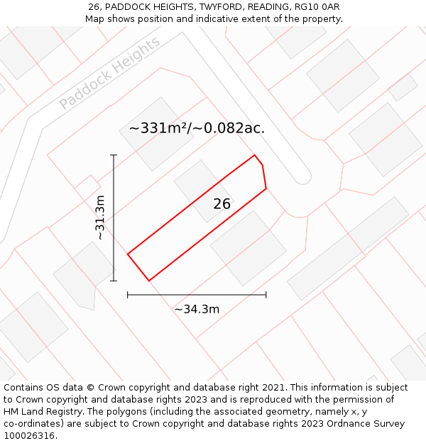 26, PADDOCK HEIGHTS, TWYFORD, READING, RG10 0AR: Plot and title map