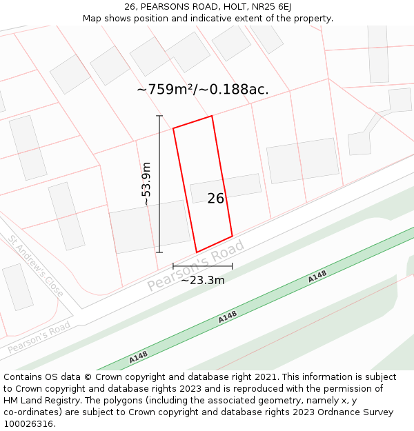 26, PEARSONS ROAD, HOLT, NR25 6EJ: Plot and title map