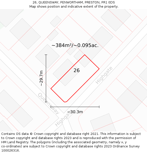 26, QUEENSWAY, PENWORTHAM, PRESTON, PR1 0DS: Plot and title map