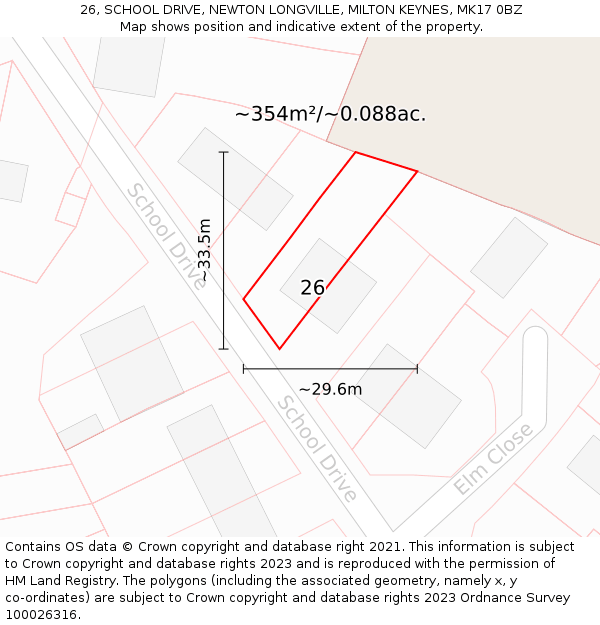 26, SCHOOL DRIVE, NEWTON LONGVILLE, MILTON KEYNES, MK17 0BZ: Plot and title map