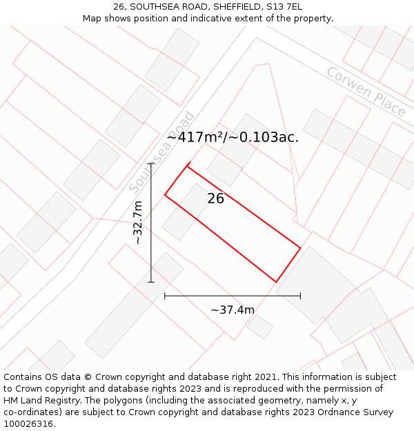 26, SOUTHSEA ROAD, SHEFFIELD, S13 7EL: Plot and title map