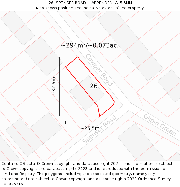 26, SPENSER ROAD, HARPENDEN, AL5 5NN: Plot and title map