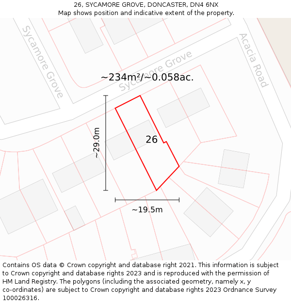 26, SYCAMORE GROVE, DONCASTER, DN4 6NX: Plot and title map