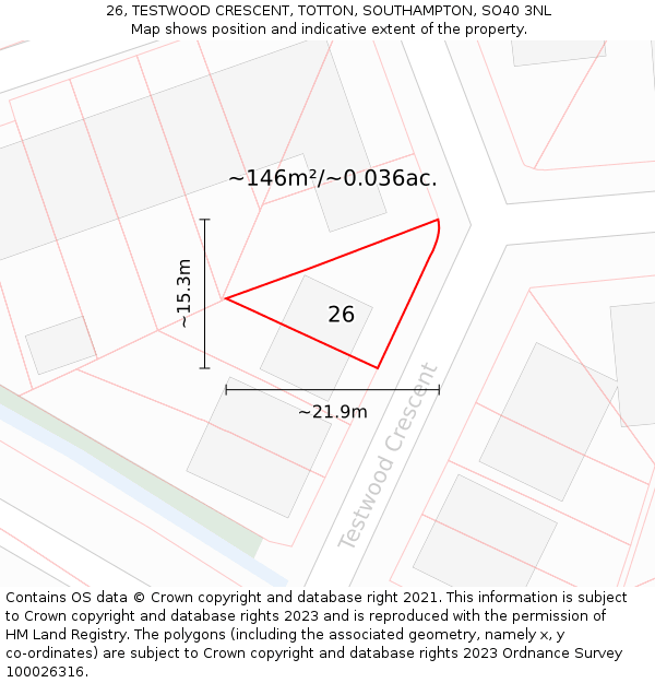 26, TESTWOOD CRESCENT, TOTTON, SOUTHAMPTON, SO40 3NL: Plot and title map