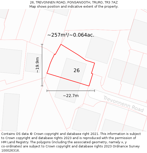 26, TREVONNEN ROAD, PONSANOOTH, TRURO, TR3 7AZ: Plot and title map