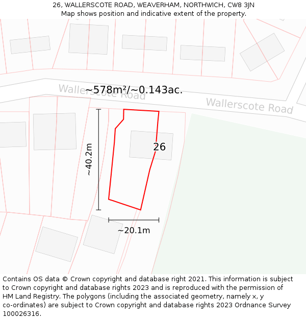 26, WALLERSCOTE ROAD, WEAVERHAM, NORTHWICH, CW8 3JN: Plot and title map