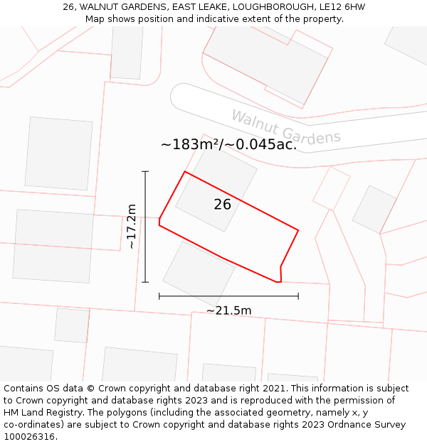 26, WALNUT GARDENS, EAST LEAKE, LOUGHBOROUGH, LE12 6HW: Plot and title map