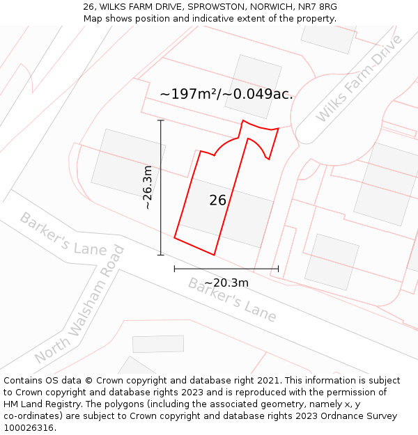 26, WILKS FARM DRIVE, SPROWSTON, NORWICH, NR7 8RG: Plot and title map