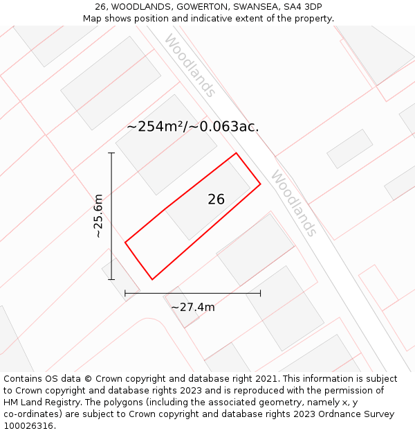 26, WOODLANDS, GOWERTON, SWANSEA, SA4 3DP: Plot and title map