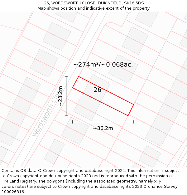 26, WORDSWORTH CLOSE, DUKINFIELD, SK16 5DS: Plot and title map