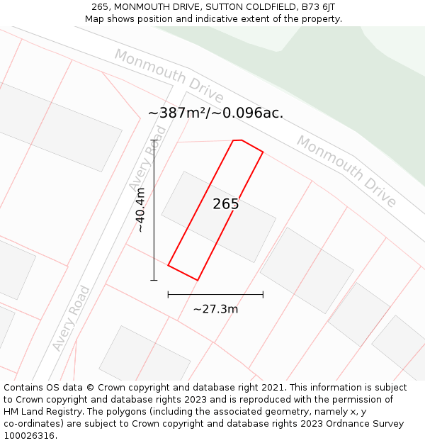 265, MONMOUTH DRIVE, SUTTON COLDFIELD, B73 6JT: Plot and title map