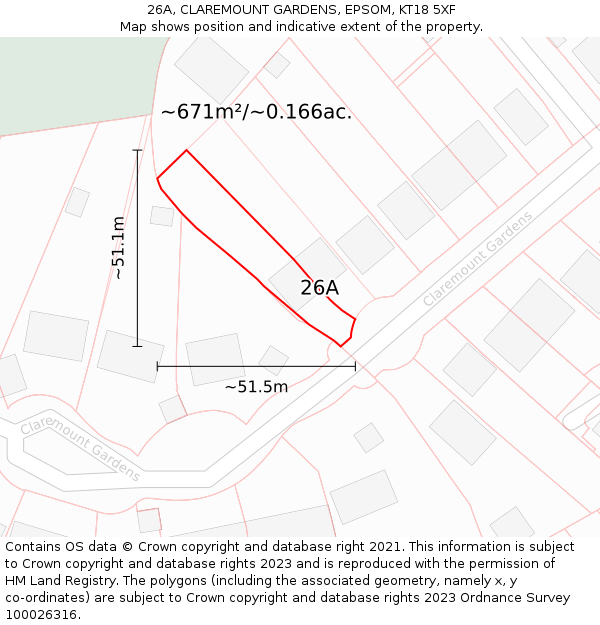 26A, CLAREMOUNT GARDENS, EPSOM, KT18 5XF: Plot and title map