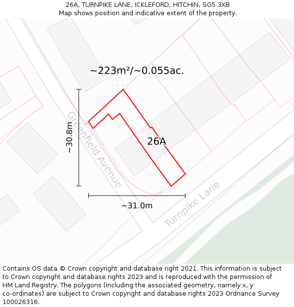 26A, TURNPIKE LANE, ICKLEFORD, HITCHIN, SG5 3XB: Plot and title map