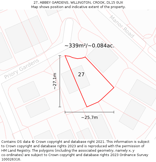 27, ABBEY GARDENS, WILLINGTON, CROOK, DL15 0UX: Plot and title map