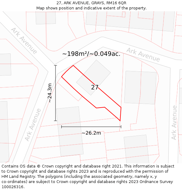 27, ARK AVENUE, GRAYS, RM16 6QR: Plot and title map