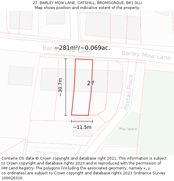 27, BARLEY MOW LANE, CATSHILL, BROMSGROVE, B61 0LU: Plot and title map