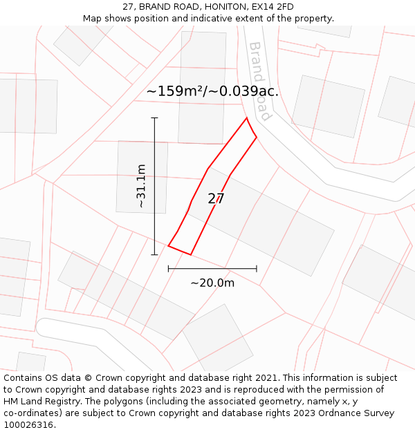 27, BRAND ROAD, HONITON, EX14 2FD: Plot and title map