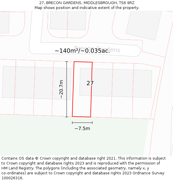 27, BRECON GARDENS, MIDDLESBROUGH, TS6 9RZ: Plot and title map