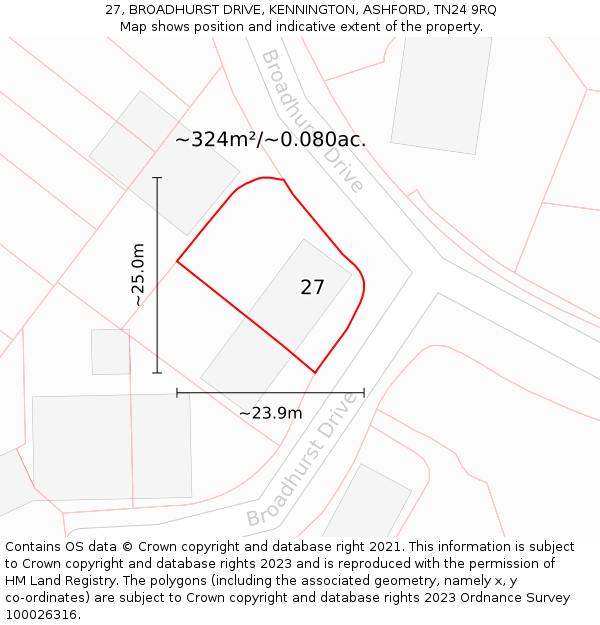 27, BROADHURST DRIVE, KENNINGTON, ASHFORD, TN24 9RQ: Plot and title map