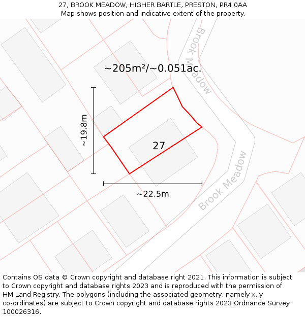 27, BROOK MEADOW, HIGHER BARTLE, PRESTON, PR4 0AA: Plot and title map