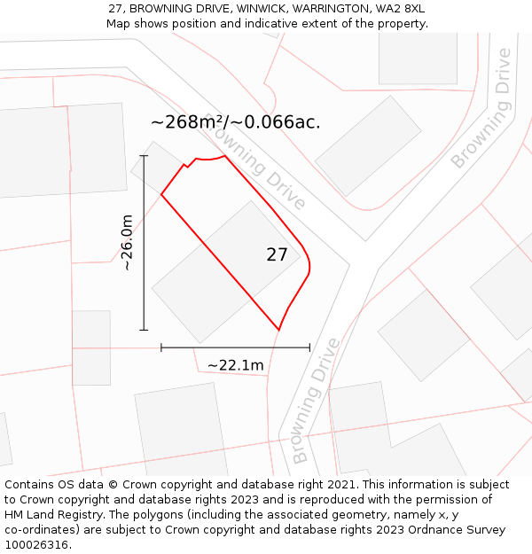 27, BROWNING DRIVE, WINWICK, WARRINGTON, WA2 8XL: Plot and title map