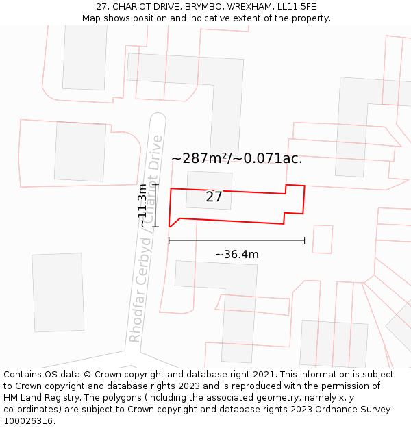 27, CHARIOT DRIVE, BRYMBO, WREXHAM, LL11 5FE: Plot and title map