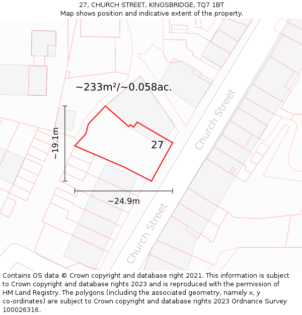 27, CHURCH STREET, KINGSBRIDGE, TQ7 1BT: Plot and title map