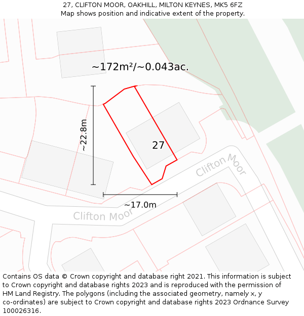 27, CLIFTON MOOR, OAKHILL, MILTON KEYNES, MK5 6FZ: Plot and title map