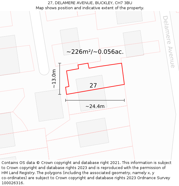 27, DELAMERE AVENUE, BUCKLEY, CH7 3BU: Plot and title map