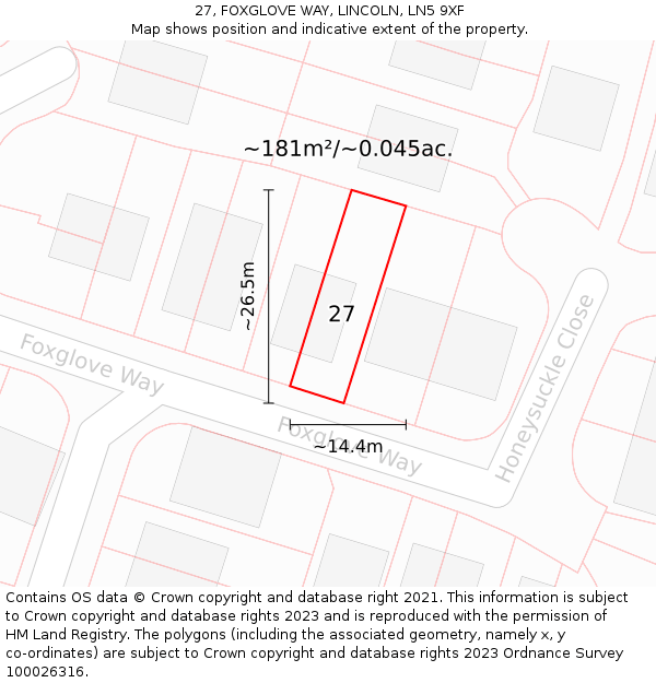 27, FOXGLOVE WAY, LINCOLN, LN5 9XF: Plot and title map