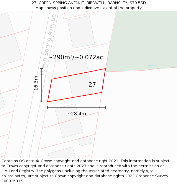 27, GREEN SPRING AVENUE, BIRDWELL, BARNSLEY, S70 5SD: Plot and title map