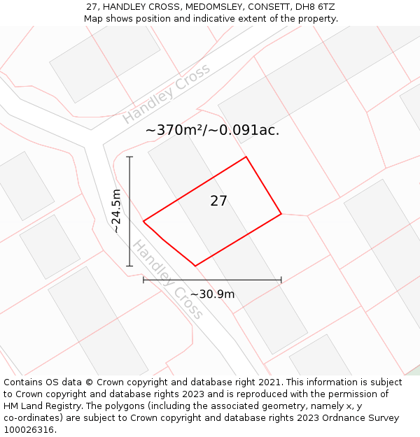 27, HANDLEY CROSS, MEDOMSLEY, CONSETT, DH8 6TZ: Plot and title map