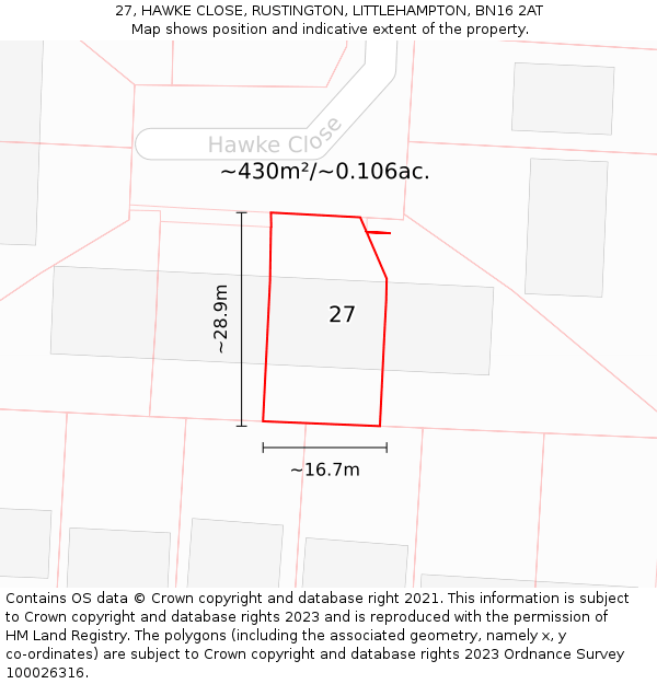 27, HAWKE CLOSE, RUSTINGTON, LITTLEHAMPTON, BN16 2AT: Plot and title map