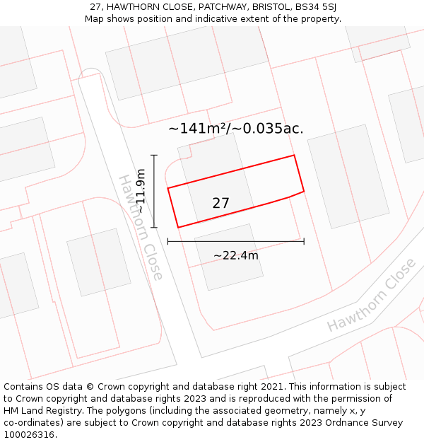 27, HAWTHORN CLOSE, PATCHWAY, BRISTOL, BS34 5SJ: Plot and title map