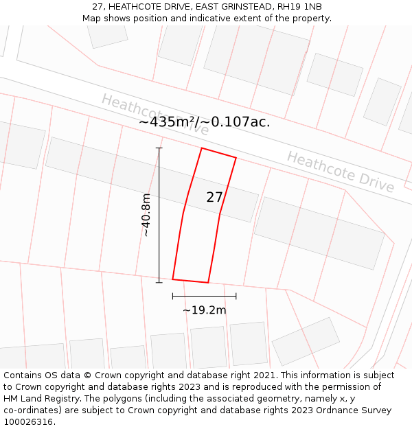 27, HEATHCOTE DRIVE, EAST GRINSTEAD, RH19 1NB: Plot and title map