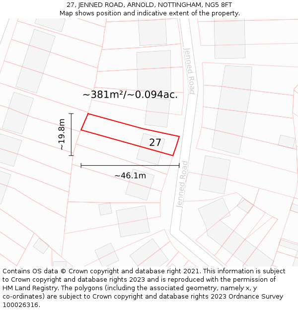 27, JENNED ROAD, ARNOLD, NOTTINGHAM, NG5 8FT: Plot and title map