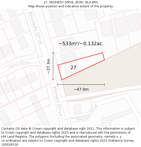 27, KENNEDY DRIVE, BURY, BL9 8PN: Plot and title map
