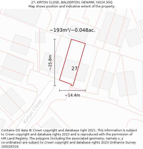 27, KIRTON CLOSE, BALDERTON, NEWARK, NG24 3GQ: Plot and title map