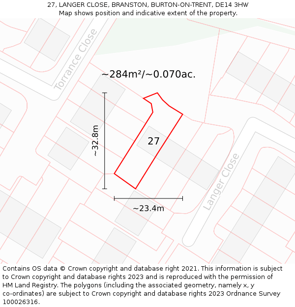 27, LANGER CLOSE, BRANSTON, BURTON-ON-TRENT, DE14 3HW: Plot and title map