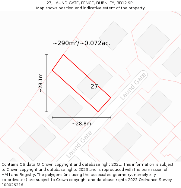 27, LAUND GATE, FENCE, BURNLEY, BB12 9PL: Plot and title map